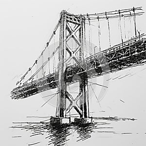 A sketch of a large bridge structure over water with detailed lines and shadows