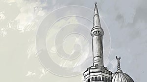 The sketch of a large mosque tower designed for a Ramadan greeting card