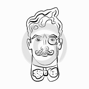 Sketch of a learned man with a mustache and a pince-nez. vector illustration in retro style. Black and white image. for logos,