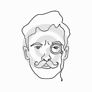 Sketch of a learned man with a mustache and a pince-nez. vector illustration in retro style. Black and white image. for logos,
