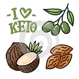 Sketch lettering with green keto diet doodle elements for concept design. Hand drawn illustration. Food for Ketogenic