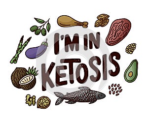 Sketch lettering with green keto diet doodle elements for concept design. Hand drawn illustration. Food for Ketogenic