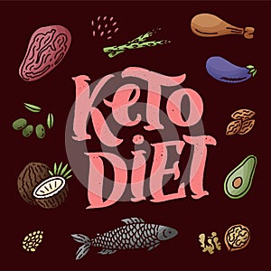 Sketch lettering with green keto diet doodle elements for concept design. Hand drawn illustration. Food for Ketogenic
