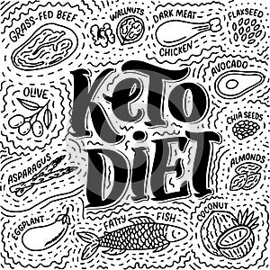 Sketch lettering with keto diet doodle elements for concept design. Hand drawn illustration. Food for Ketogenic