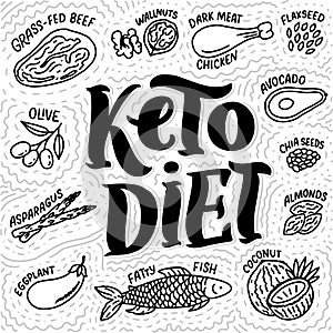 Sketch lettering with keto diet doodle elements for concept design. Hand drawn illustration. Food for Ketogenic