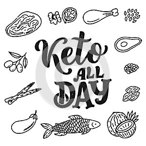 Sketch lettering with keto diet doodle elements for concept design. Hand drawn illustration. Food for Ketogenic