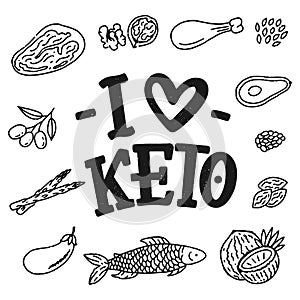 Sketch lettering with keto diet doodle elements for concept design. Hand drawn illustration. Food for Ketogenic