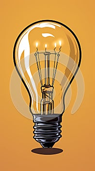 Sketch light bulb. Incandescent lamp or incandescent light globe on yellow background. Glowing Electric lamp, shine.