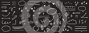 Sketch line arrow element, star, heart shape on chalkboard background. Hand drawn doodle sketch style circle, cloud