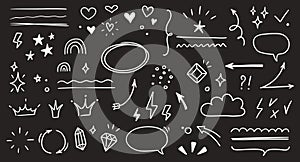 Sketch line arrow element, star, heart shape on chalkboard background. Hand drawn doodle sketch style circle, cloud