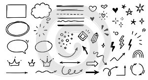 Sketch line arrow element, star, heart shape. Hand drawn doodle sketch style circle, cloud speech bubble grunge element