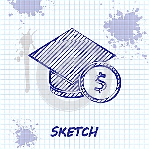 Sketch line Graduation cap and coin icon isolated on white background. Education and money. Concept of scholarship cost