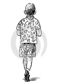 Sketch of little boy walking outdoor on summer day