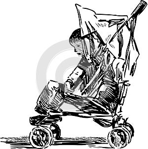 Sketch of little child sitting in baby stroller outdoors