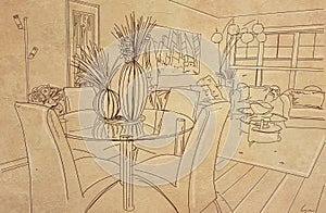 Sketch of a living room interior with a sofa and a table