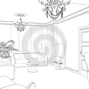 Sketch of the living room with sofa, frames and coffee table