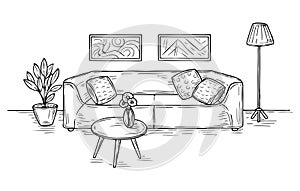 Sketch living room. Sofa, lamp and pictures on wall house furniture contemporary apartment drawing room interior sketch