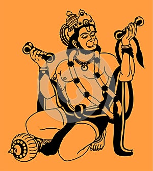 Sketch of Lord Hanuman Outline Editable Illustration. Strength and Powerful god Bhajarangi or Lord Shiva