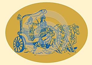 Sketch of Lord Krishna and Arjuna in a Horse Chariot and scenes of Kurukshetra War in the Hindu Epic Mahabharat editable outline