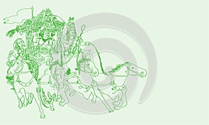 Sketch of Lord Krishna and Arjuna in a Horse Chariot and scenes of Kurukshetra War in the Hindu Epic Mahabharat editable outline