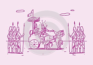 Sketch of Lord Krishna and Arjuna in a Horse Chariot and scenes of Kurukshetra War in the Hindu Epic Mahabharat editable outline