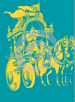 Sketch of Lord Krishna and Arjuna in a Horse Chariot and scenes of Kurukshetra War in the Hindu Epic Mahabharat editable outline