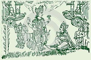 Sketch of Lord Krishna and Arjuna in a Horse Chariot and scenes of Kurukshetra War in the Hindu Epic Mahabharat editable outline