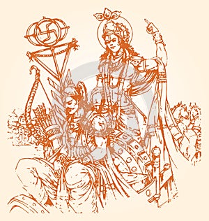 Sketch of Lord Krishna and Arjuna in a Horse Chariot and scenes of Kurukshetra War in the Hindu Epic Mahabharat editable outline