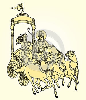 Sketch of Lord Krishna and Arjuna in a Horse Chariot and scenes of Kurukshetra War in the Hindu Epic Mahabharat editable outline photo