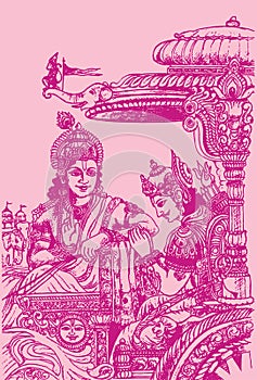 Sketch of Lord Krishna and Arjuna in a Horse Chariot and scenes of Kurukshetra War in the Hindu Epic Mahabharat editable outline photo