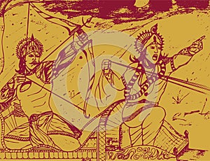 Sketch of Lord Krishna and Arjuna in a Horse Chariot and scenes of Kurukshetra War in the Hindu Epic Mahabharat editable outline