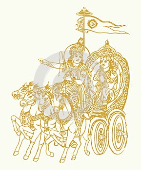 Sketch of Lord Krishna telling Bhagavad Gita to Arjuna in Kurukshetra war field in Horse Chariot Editable Outline Illustration