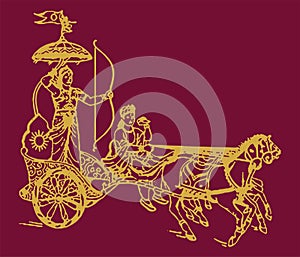 Sketch of Lord Krishna telling Bhagavad Gita to Arjuna in Kurukshetra war field in Horse Chariot Editable Outline Illustration