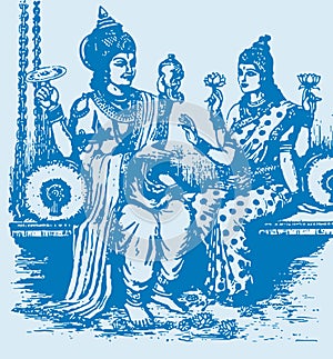 Sketch of Lord Vishnu and Goddess Lakshmi sitting together Editable Outline Illustration photo