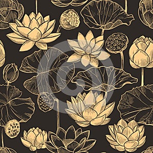 Skica bezešvý vzor. složení voda lilie květiny a listy lotosy produkty 