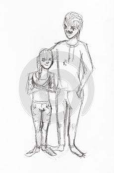 Sketch of low girl and tall mustached guy