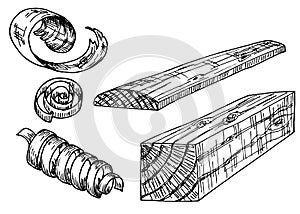 Sketch lumber. Wood logs, shavings, planks. Forestry construction materials hand drawn set