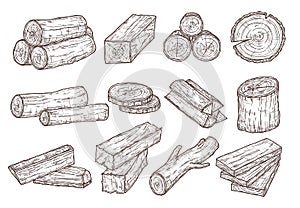 Sketch lumber. Wood logs, trunk and planks. Forestry construction materials hand drawn isolated vector set