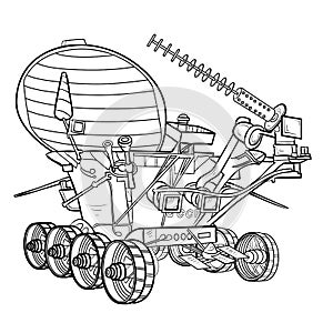 Sketch, lunar rover, coloring book, cartoon illustration, isolated object on white background, vector illustration