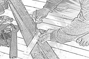 Sketch male carpenter working with wood pencil with machinist square at work place.Background craftsman tool.Zoom in01