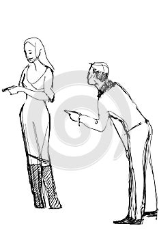 Sketch of a man points a finger at woman