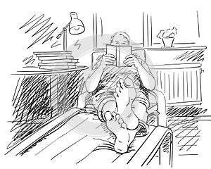 Sketch of man reading book in comfortable relaxing home atmosphere, Hand drawn vector illustration