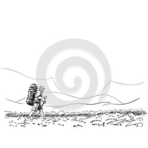 Sketch of man trekking with big backpack in mountain landscape, Hand drawn