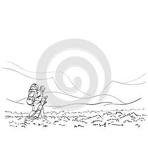 Sketch of man trekking with big backpack in mountain landscape, Hand drawn