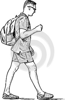 Sketch of man vacationer with backpack walking for stroll