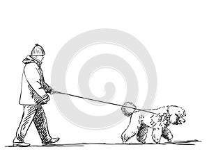 Sketch of man walking dog on leash Hand drawn