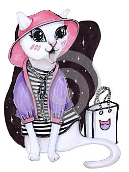 Sketch markers fashion illustration children`s cartoon style funny white cat in a hat and a striped blouse with a shopping bag