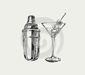 Sketch Martini Cocktails with Olives and Shaker Vector Hand Drawn Illustration Drinks