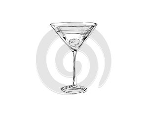 Sketch Martini Cocktails with Olives Vector Hand Drawn Illustration