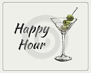 Sketch Martini Cocktails with Olives Vector Hand Drawn Illustration. Martini Happy Hour